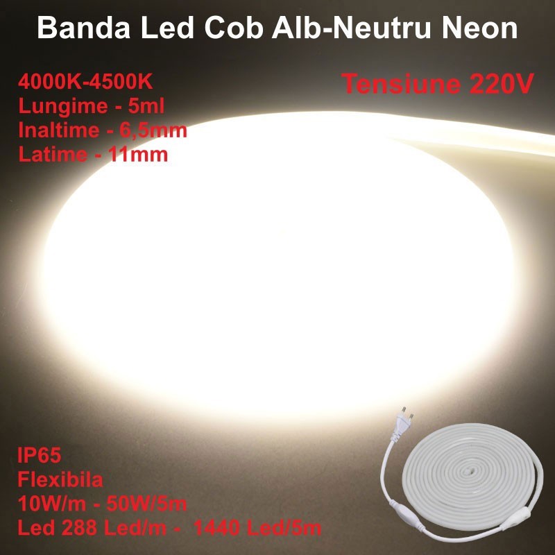 COB LED Strip White-Neutral 4000K Neon Flex - 288led/m - IP65 / 220V - 10W/ml / 5ml Roll
