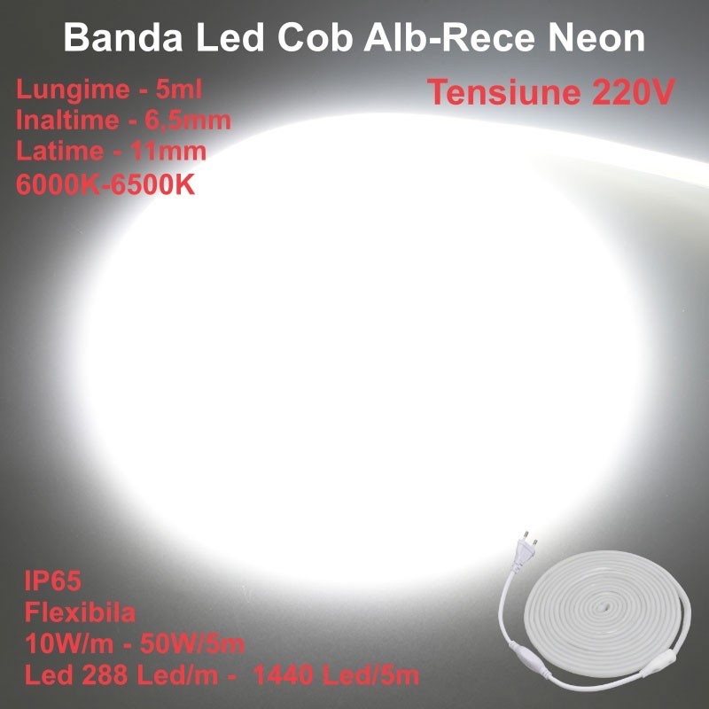 Cool White Cob Led Strip 6500K Neon Flex - 288led/m - IP65 / 220V - 10W/ml / 5ml Roll
