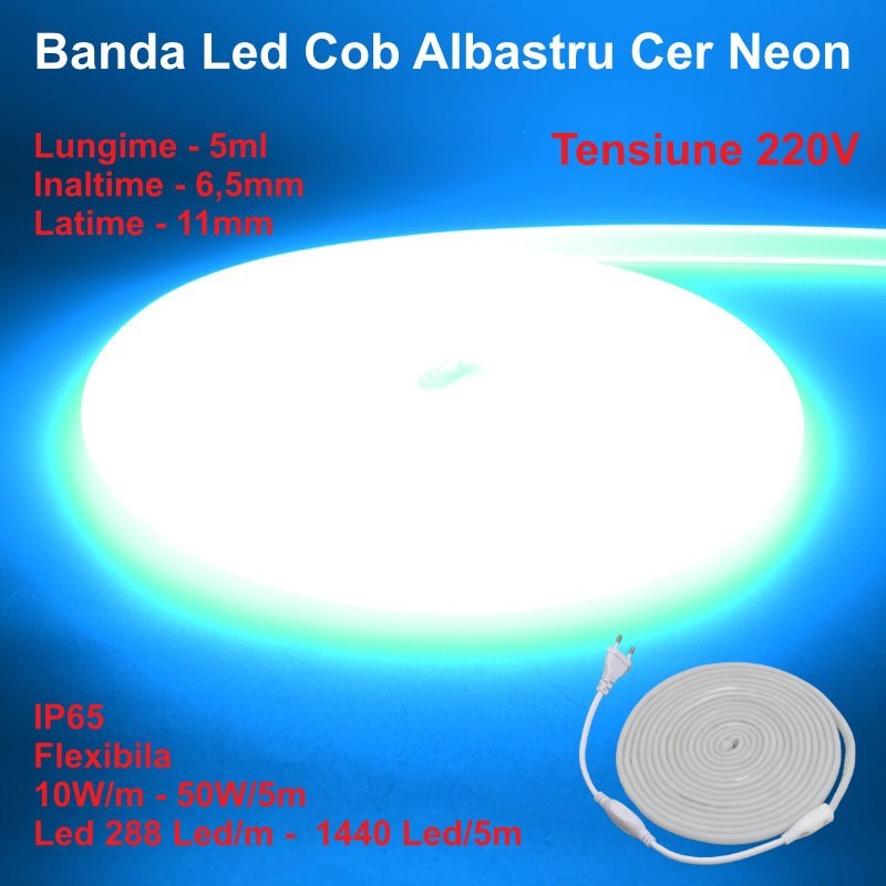 Neon Flex Blue Sky Cob Led Strip - 288led/m - IP65 / 220V - 10W/ml / 5ml Roll