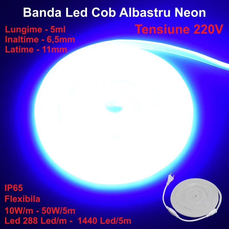 Intense Blue Neon Flex COB LED Strip - 288 LEDs/m - IP65 / 220V - 10W/m / 5m Roll