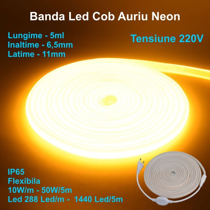 Yellow Gold COB LED Strip Neon Flex - 288led/m - IP65 / 220V - 10W/m / 5m Roll