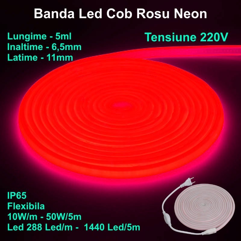 Intense Red COB LED Strip Neon Flex - 288led/m - IP65 / 220V - 10W/ml / 5ml Roll
