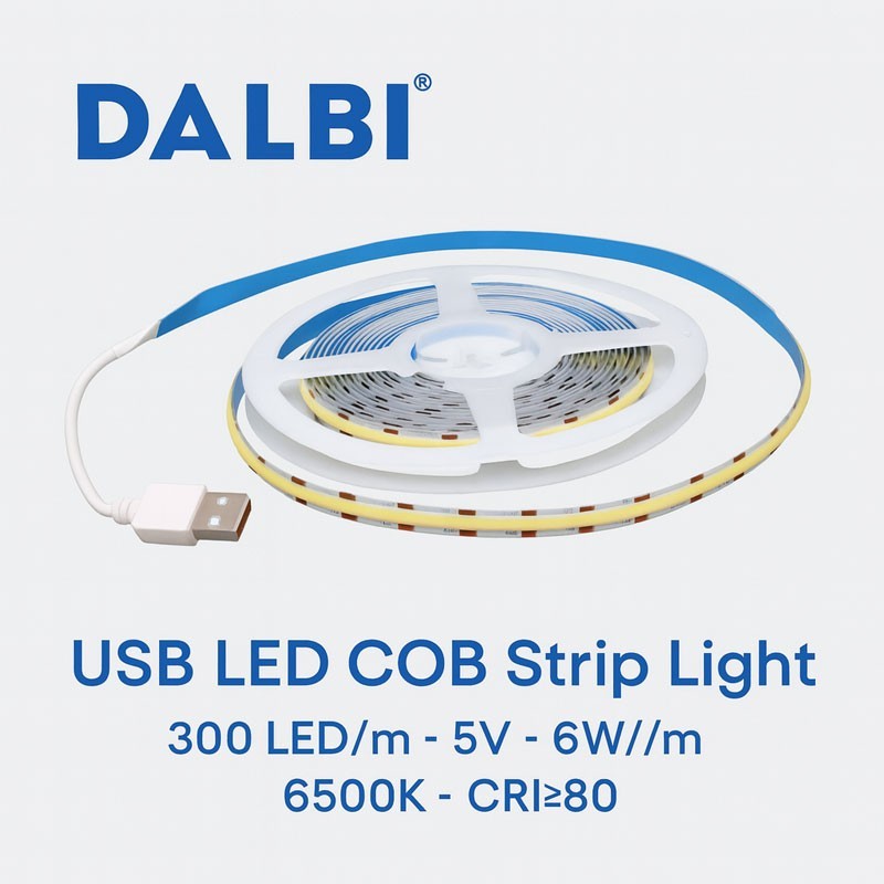 LED Cob Strip USB 5V, Cool White Light 6500K, 6W/m, 300 LEDs/m, CRI80, Indoor IP20 - 5m/Roll - Dalbi