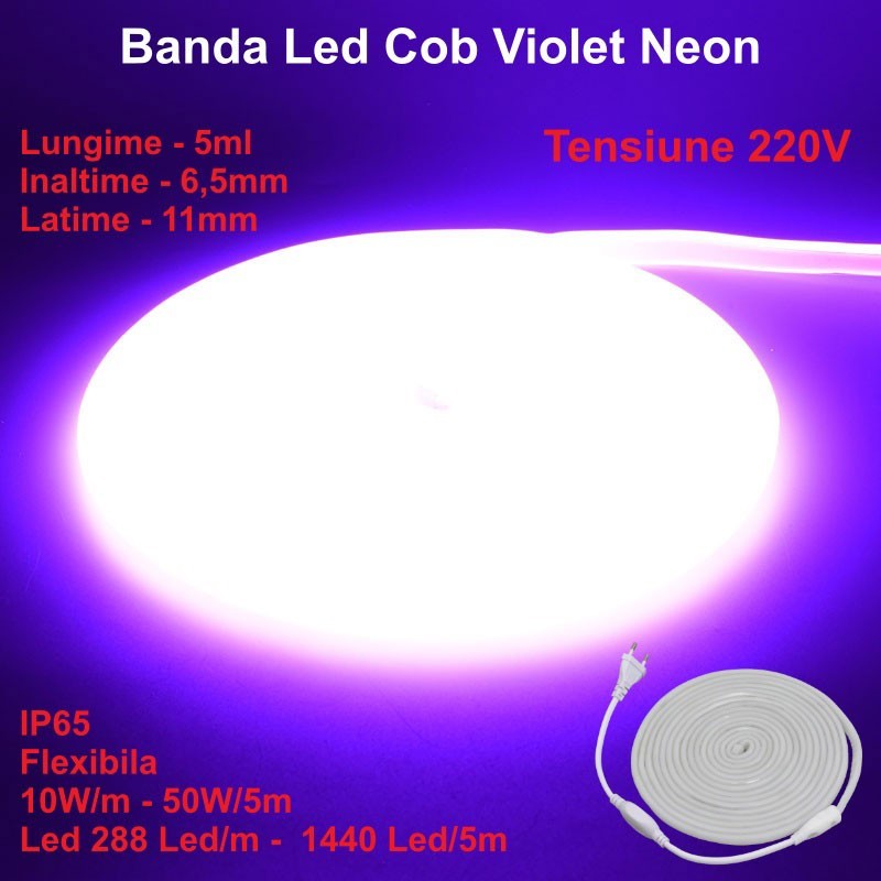 Intense Violet COB LED Strip Neon Flex - 288LED/m - IP65 / 220V - 10W/m / 5m Roll