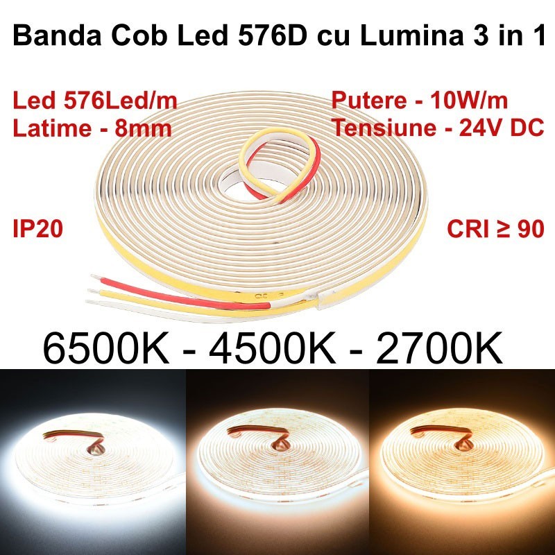 Digital COB LED Strip 576D/m - 3-in-1 White Light 2700K-4500K-6500K - 24V/3 Wire - 8mm - 10W/m - RA 90, IP20 Protection - Roll/5m
