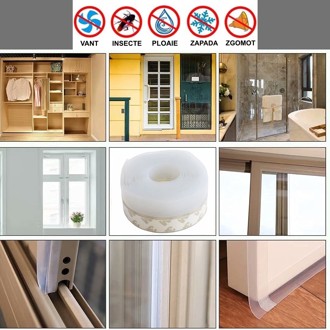 Door/Window Weather Stripping Tape, Silicone, 35mm Width, 0.5mm Thickness, 5m, Transparent