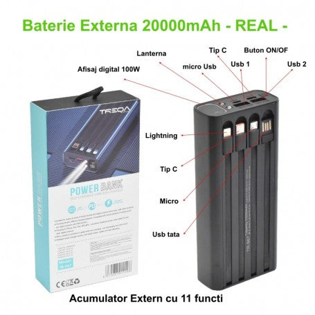 20000mAh Power Bank, 11-in-1 Super-Fast, PD 100W, USB, iPhone, Micro, Power Bank TR-967