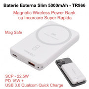 5000mAh Power Bank, Slim - 15W Magnetic Wireless, USB / TR-966 / White