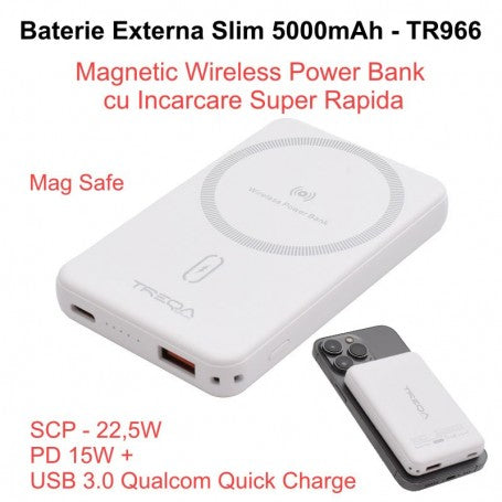 5000mAh Power Bank, Slim - 15W Magnetic Wireless, USB / TR-966 / White