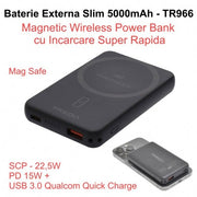 5000mAh Power Bank, Slim - 15W Magnetic Wireless, USB / TR-966 / Black