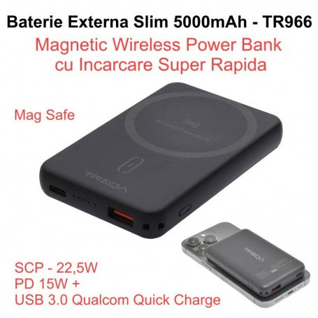 5000mAh Power Bank, Slim - 15W Magnetic Wireless, USB / TR-966 / Black