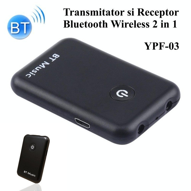 Adaptor Bluetooth audio 2 in 1 compact, vedere fata si spate, port micro-USB si jack 3.5mm
