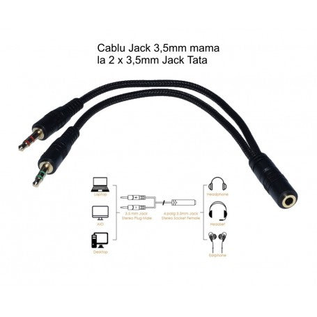 Audio Cable Jack 3.5mm To 2 X Jack 3.5mm Male, 20cm