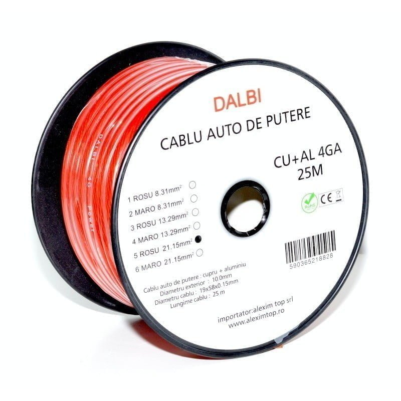 Red Car Power Cable Roll CU+AL 4GA 10MM, 25M/Roll