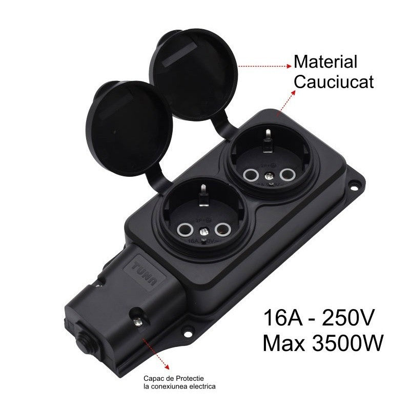 2-Socket Extension Lead Head with Rubber Cover, 3500W