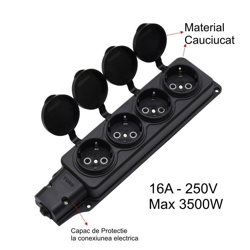 4-Socket Extension Cord Head with Rubber Cover, 3500W