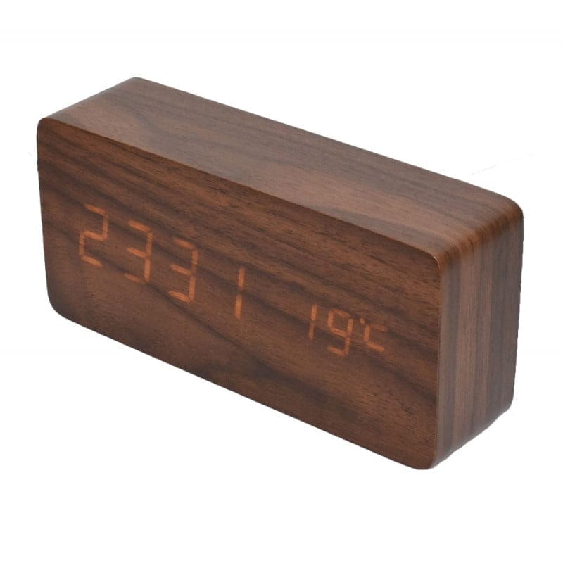 Brown Wooden Digital Clock with White LED