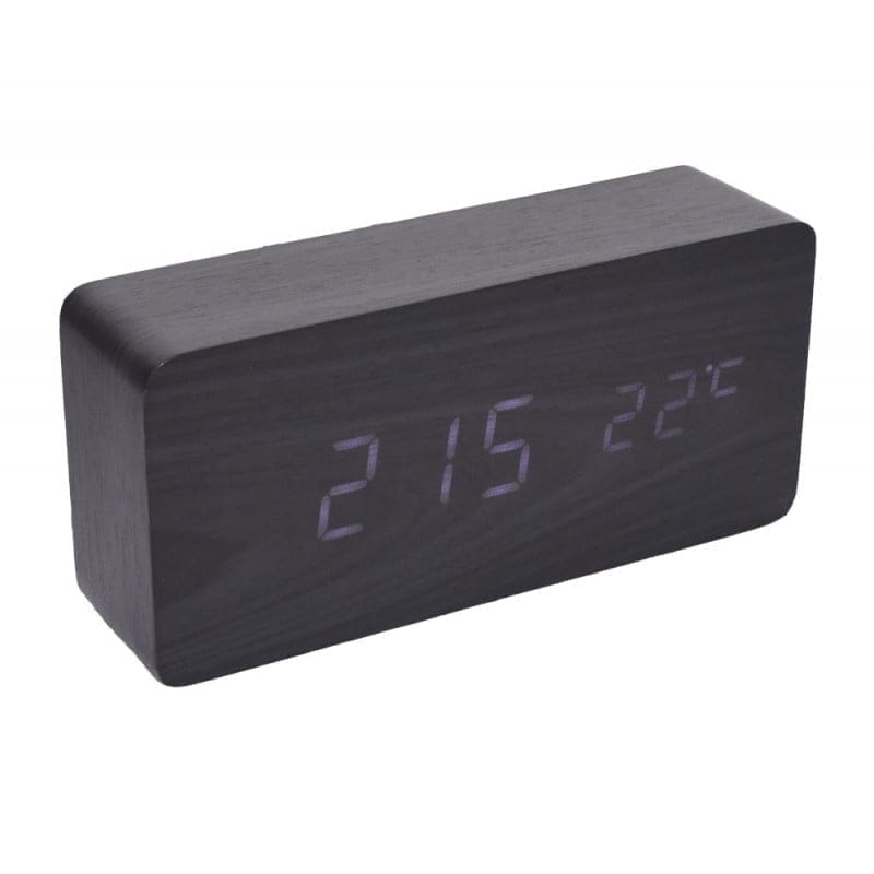 Black Wooden Digital Clock with White LED