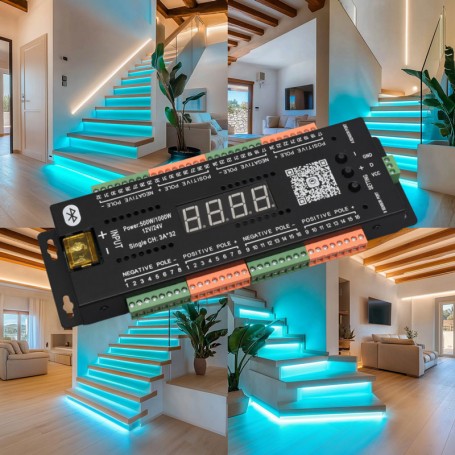 Controler Bluetooth 32 canale pentru iluminat scara interioara, 500W/12V sau 1000W/24V, cu afisaj digital