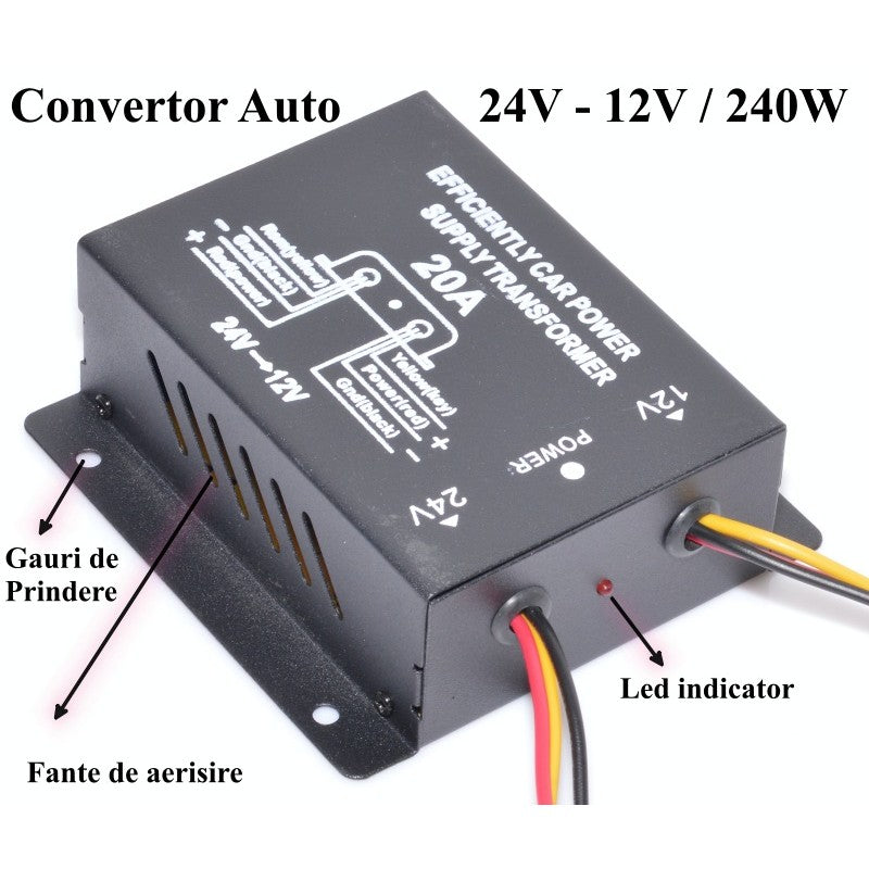 Car Voltage Converter for 24V-12V DC, 20A