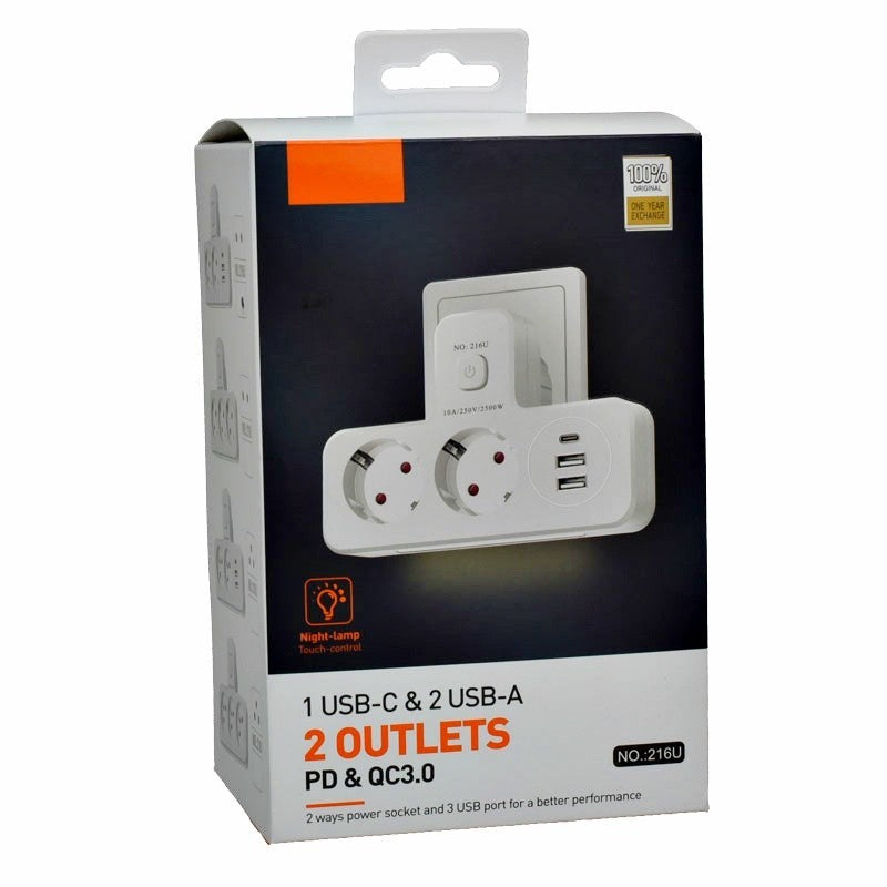 Multifunctional Dual Socket with 2 x USB QC3.0 - 1PD 20W and Night Light