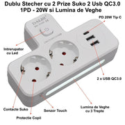 Multifunctional Dual Socket with 2 x USB QC3.0 - 1PD 20W and Night Light