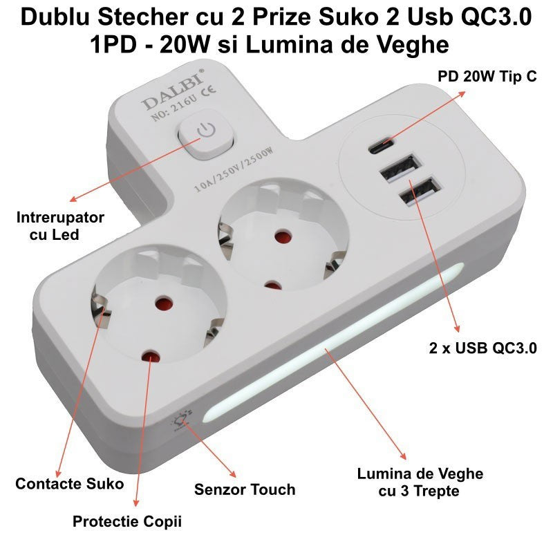 Multifunctional Dual Socket with 2 x USB QC3.0 - 1PD 20W and Night Light