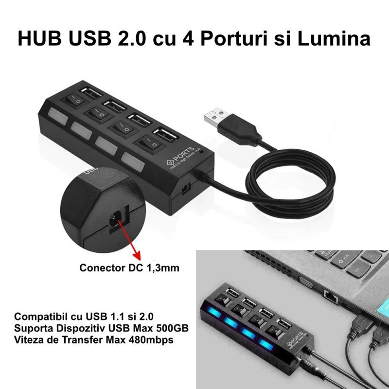 HUB 4-Port USB 2.0 with Switch and LED
