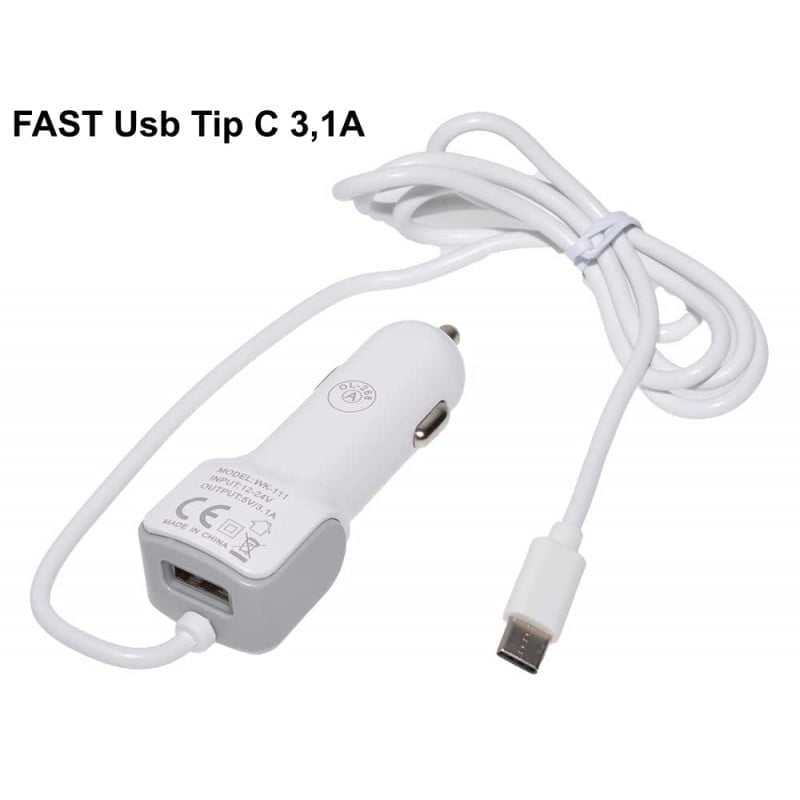 Fast Car Charger Type C 3.1A + USB 100cm