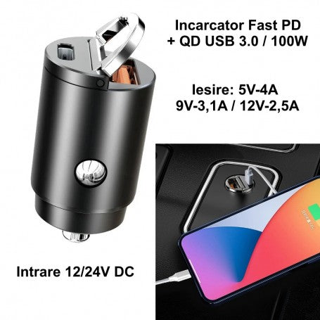 Slim Type C Fast / USB-PD Car Charger - 100W-CC-326
