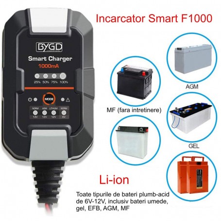 BYGD F1000 Smart Digital Li-ion / Lead-Acid 6V-12V / AGM Battery Charger