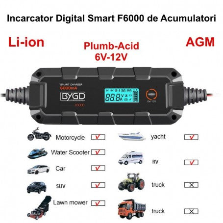 BYGD F6000 Smart Digital Li-ion / Lead-Acid 6V-12V / AGM Battery Charger