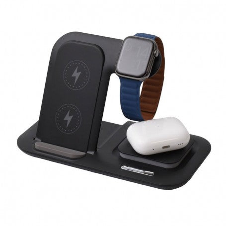 Statie de incarcare wireless 3 zone, design negru compact, suport vertical pentru telefon si smartwatch