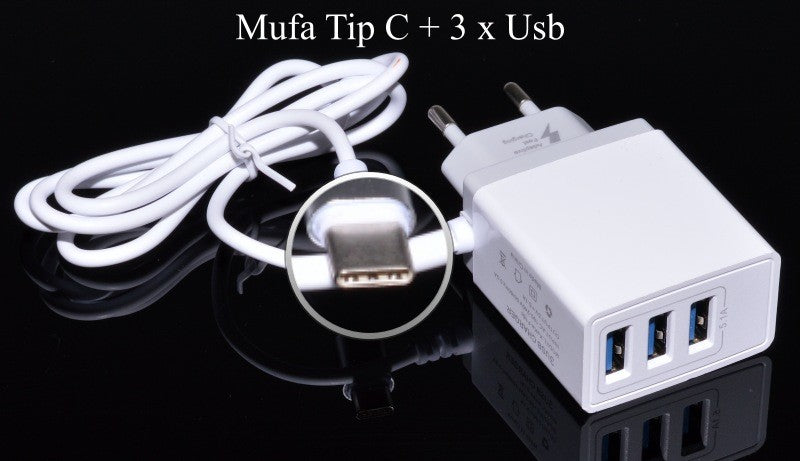 Fast Mains Charger - 5.1A / Type C + 3 x USB