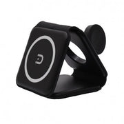 Incarcator wireless 3 in 1 magnetic pliat in pozitie verticala, suport smartwatch integrat, design compact negru