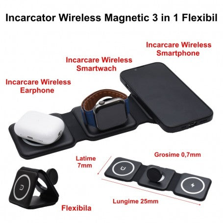 Incarcator wireless magnetic 3 in 1, 20W Fast Charge, pliabil, grosime 0,7mm, incarcare simultanea telefon, smartwatch si casti