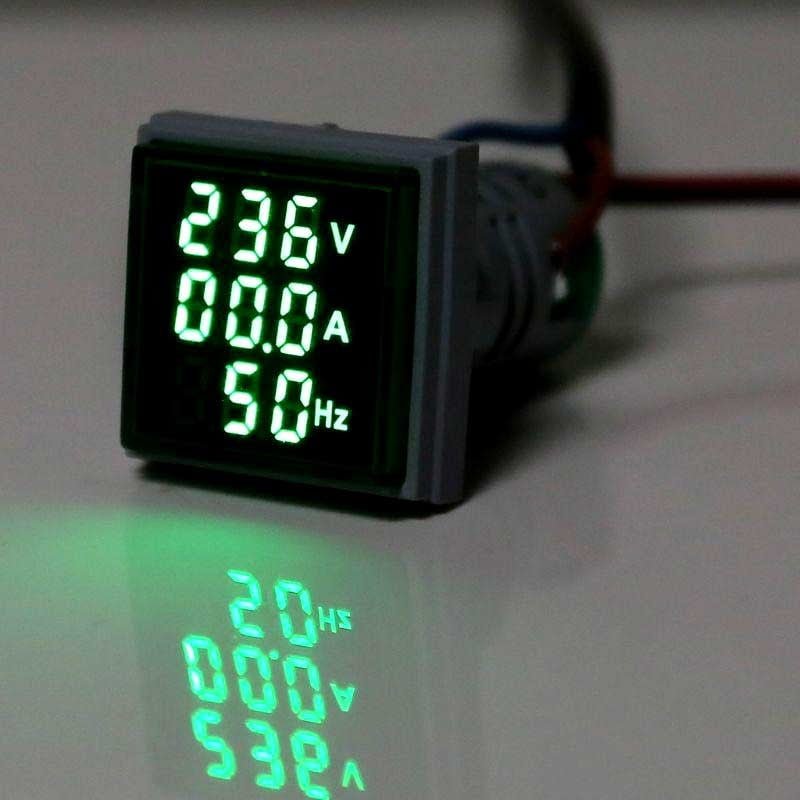 3-in-1 Digital LED Indicator: Voltmeter, Ammeter, Frequency, Green