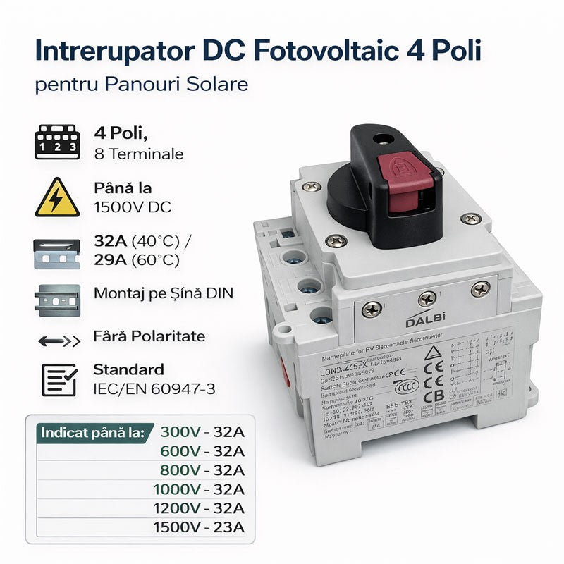 intrerupator DC fotovoltaic 4 poli pana la 1500V 32A, specificatii tehnice si domenii de utilizare