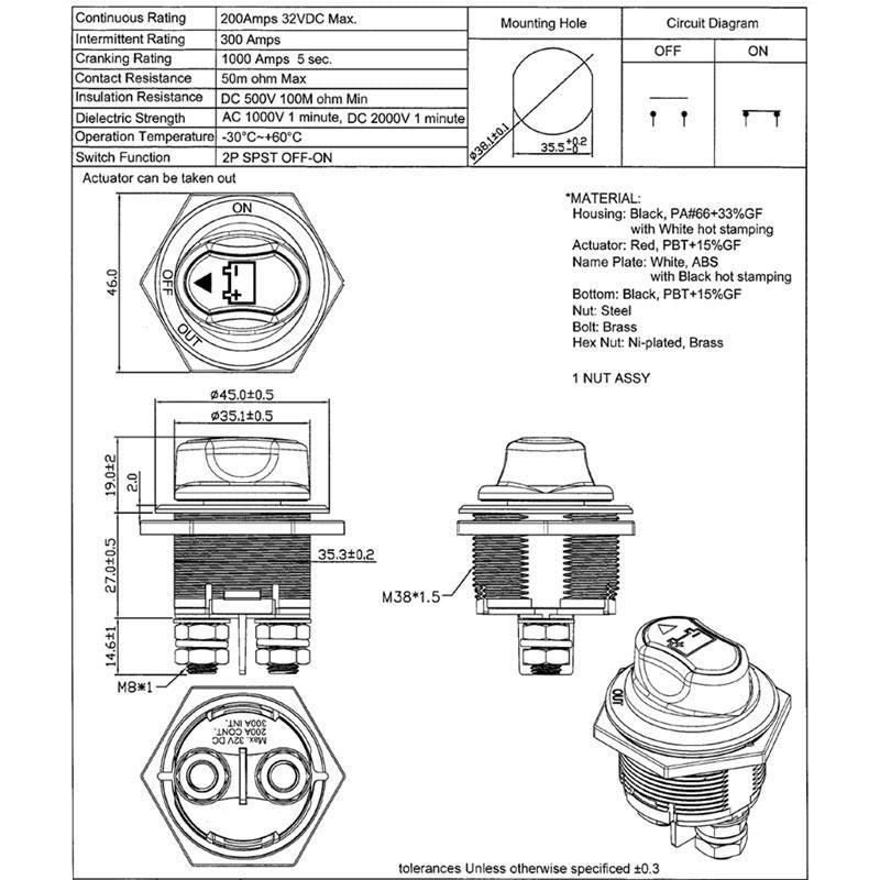 Car Battery Master Disconnect Switch 200A / 32VDC
