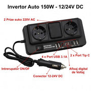 150W Car Power Inverter - 12/24V DC to 2 x 220V AC with 4 x USB 3.1 and 2 x Type C