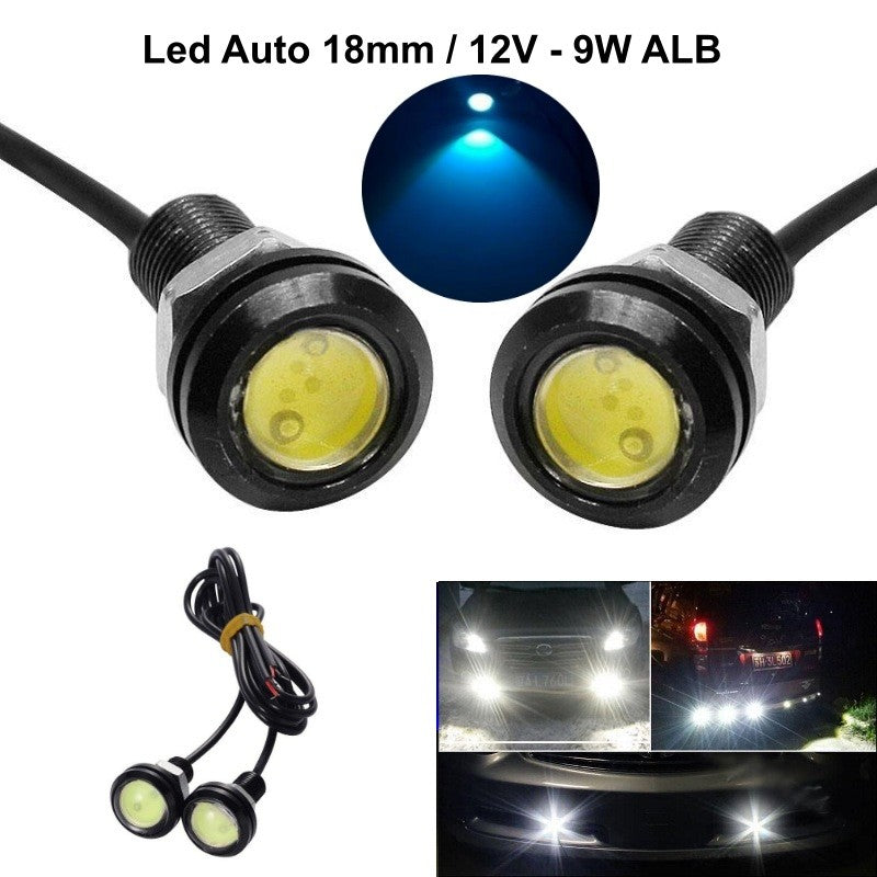 Set of 2 Car LED Lights with Wire, 18mm Diameter, 12V, 9W Power, White
