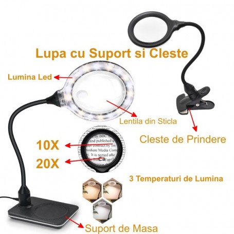 10X, 20X Magnifying Glass with Stand and Clamp, 3 Light Colors, MG-HYZ-110