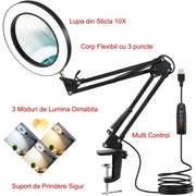 10X Magnifying Glass with Clamp and 3 Adjustable Light Colors MG-1092
