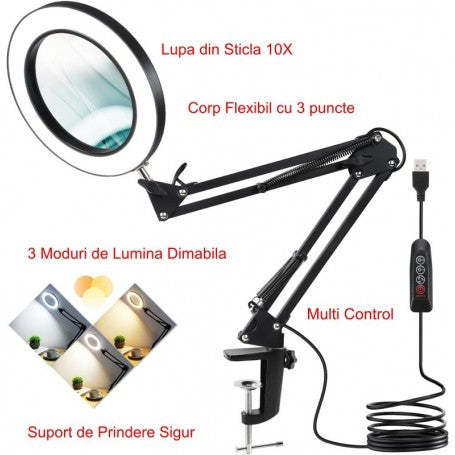 10X Magnifying Glass with Clamp and 3 Adjustable Light Colors MG-1092