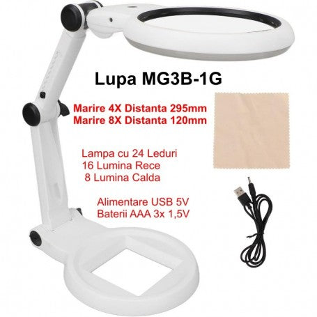 Marit Magnifying Glass 4X, 8X with Stand, 5H Lens and 24 LED / MG3B-1G