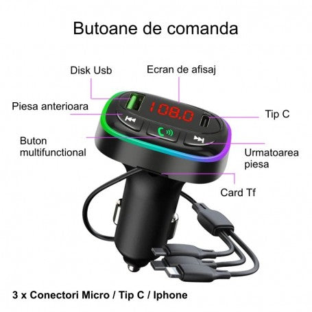 Car FM Modulator with Bluetooth 5.0 / Multifunctional MP3 Player HM15