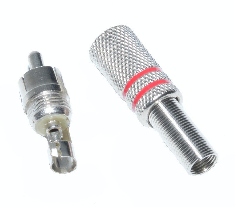 Mufa RCA metal tata demontata in doua parti, cu arc interior si corp filetat vizibile