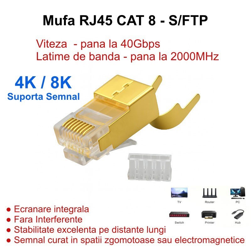RJ45 S/FTP CAT 8 Gold Connector with Metal Shielding - 50 Pcs/Set