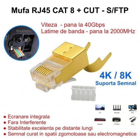 RJ45 S/FTP CAT 8 CUT Gold Connector with Metallic Shielding - 50Pcs/Set