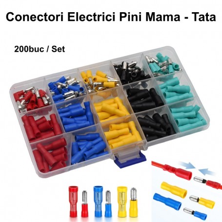 Set 200 conectori electrici pini mama-tata, sectiune 1.25-1.56mm², 5 culori, cutie organizator transparenta